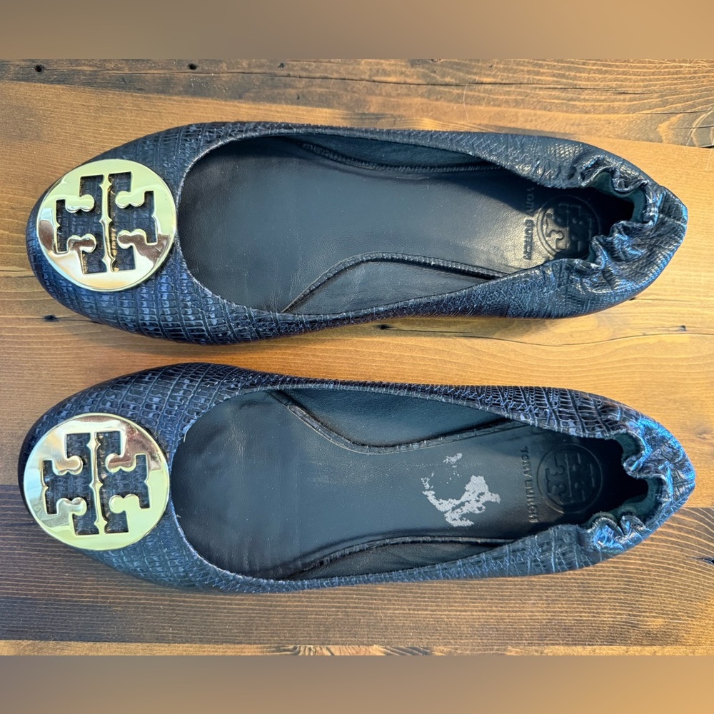 Tory Burch Textured Navy Flats with Gold Logo